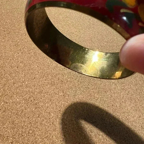 Vintage Brass Red Flower Enamel Bangle Bracelet - Picture 3 of 5